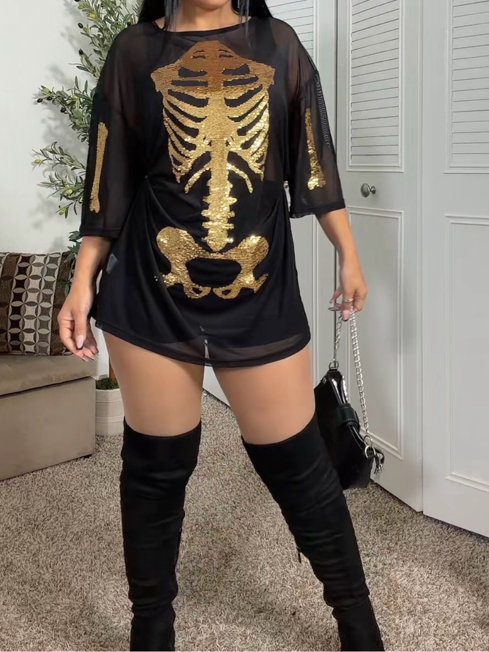 Black & Gold Sequin Skeleton Mesh Tunic – Size M Fits M/L